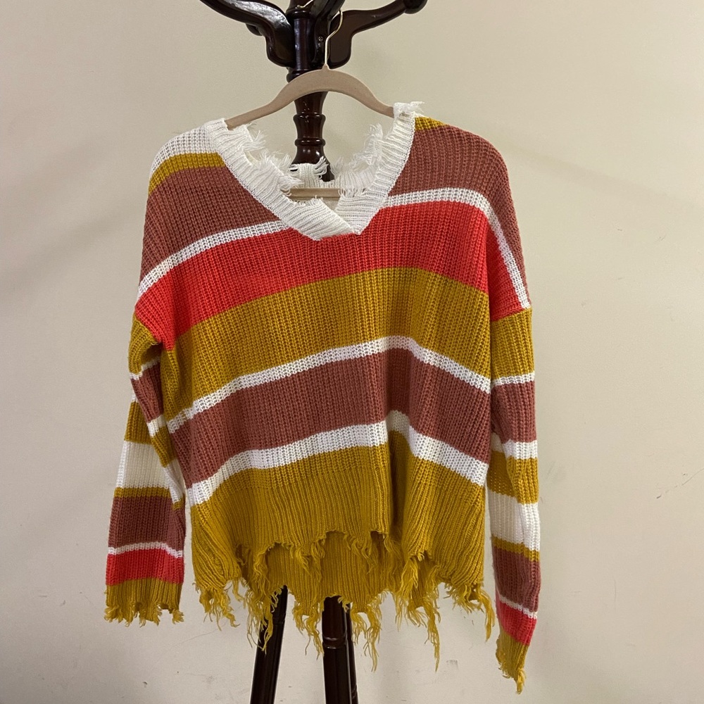 Full circle trends distressed sweater striped multicolor size large
